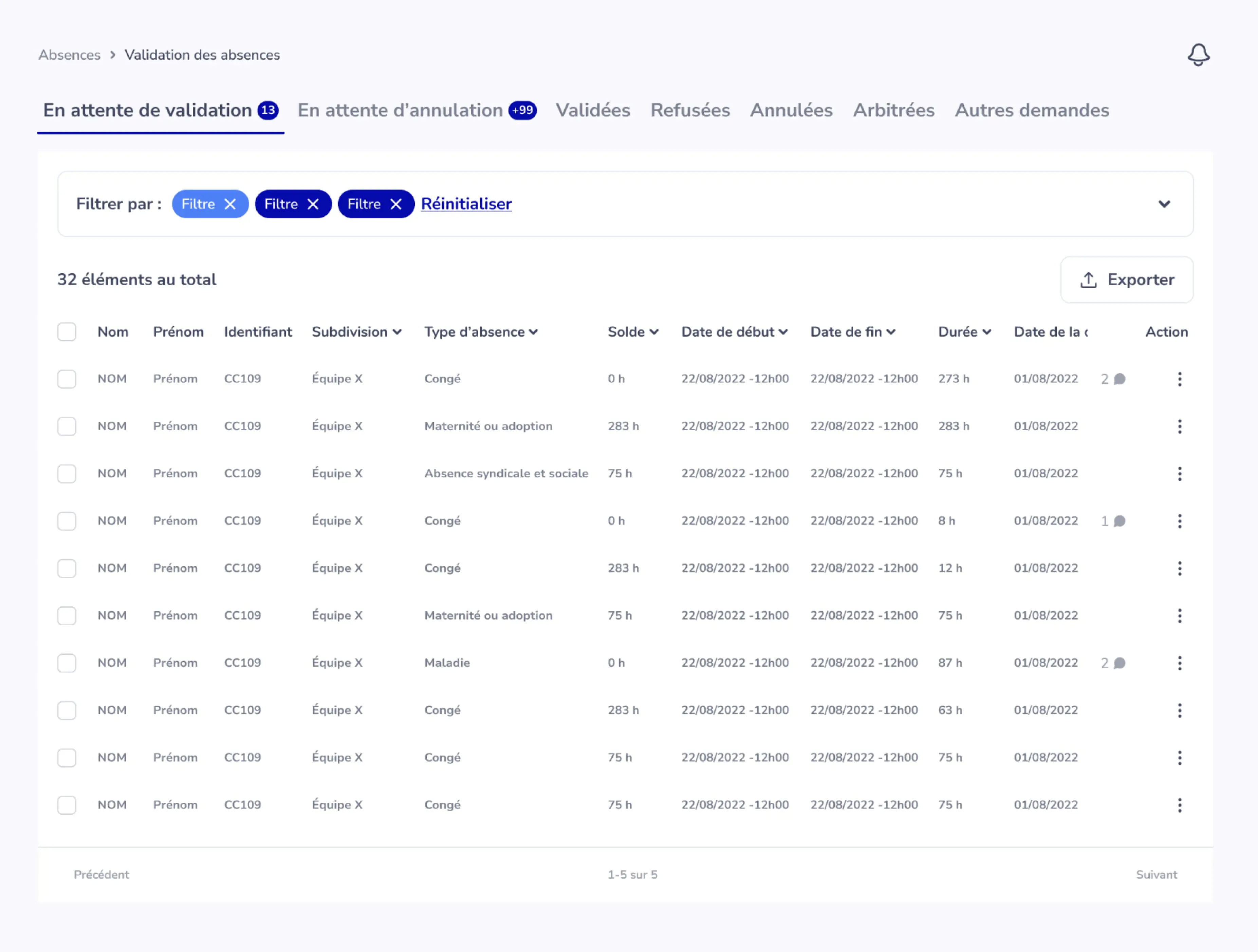 Capture d'écran de la page de validation des absences