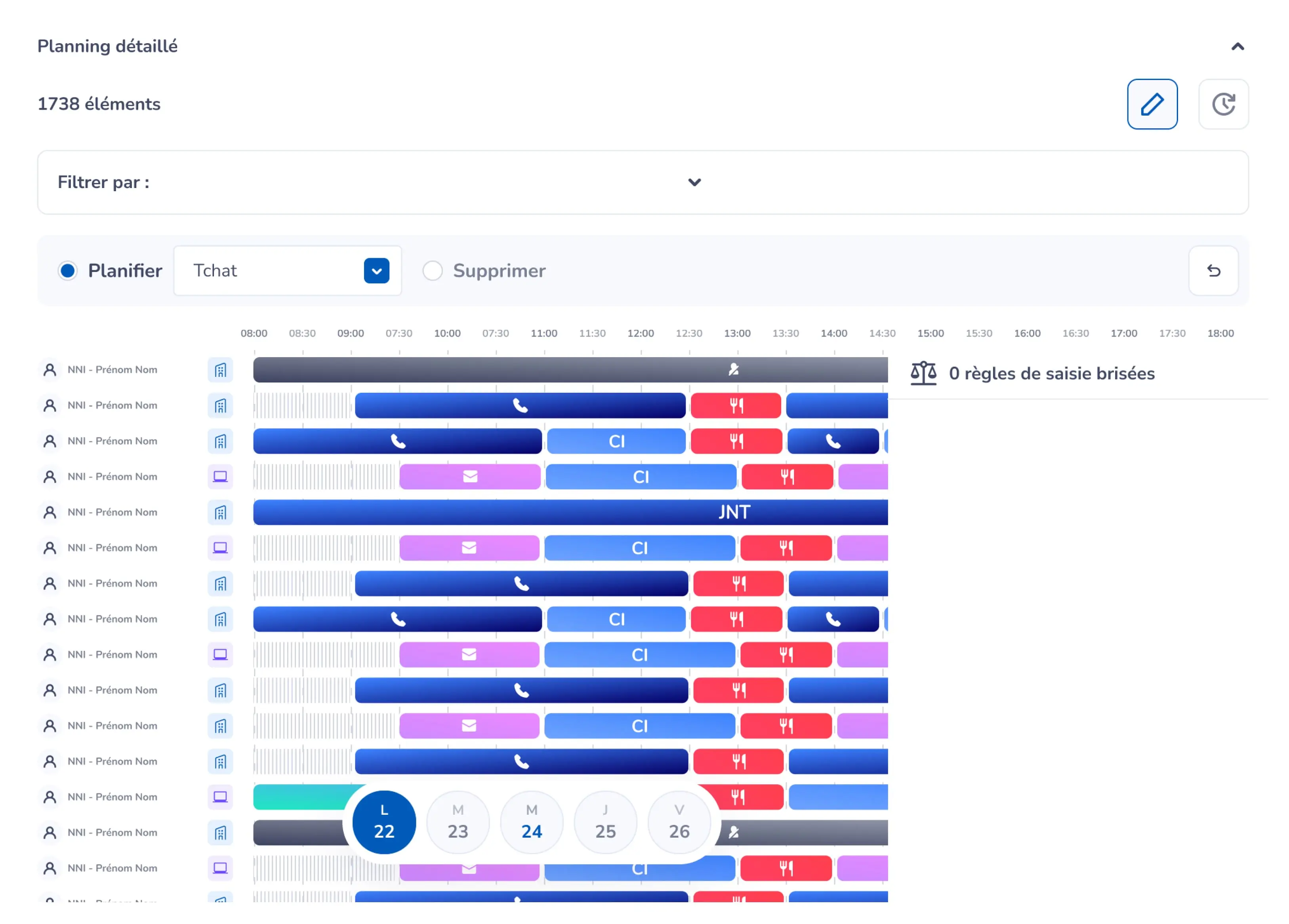 Capture d'écran du planning détaillé des collaborateurs