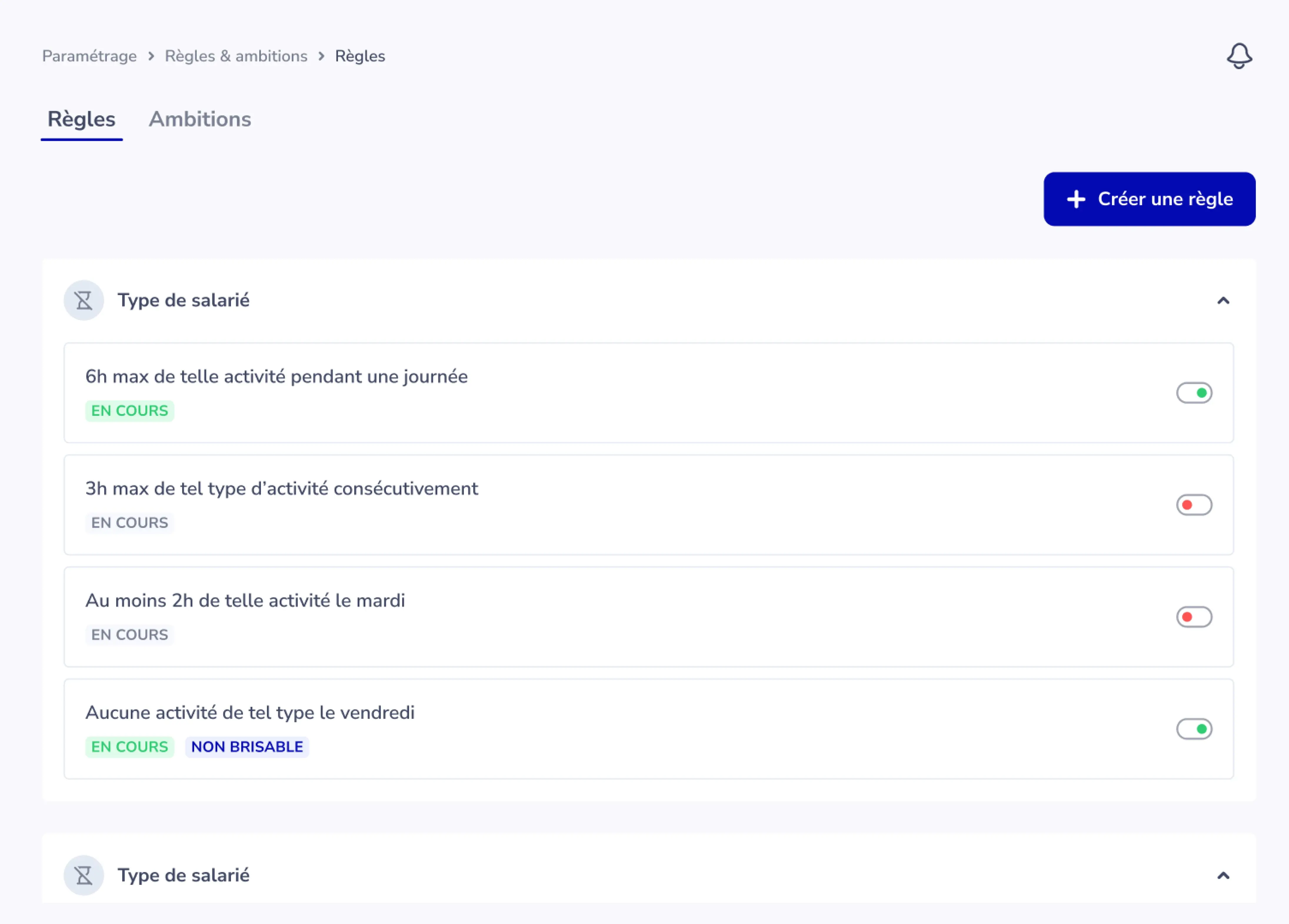 Capture d'écran de la page de paramétrage des règles